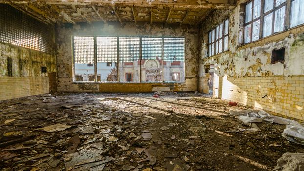 wide angle view of an old wall abandoned factory building