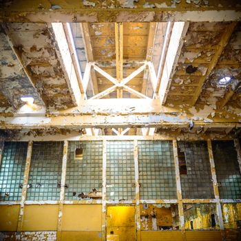 wide angle view of an old wall abandoned factory building