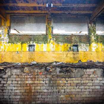 wide angle view of an old wall abandoned factory building