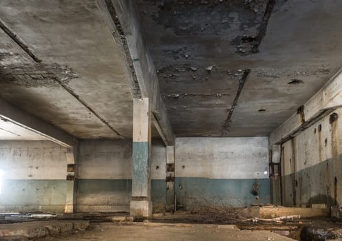 wide angle view of an old wall abandoned factory building