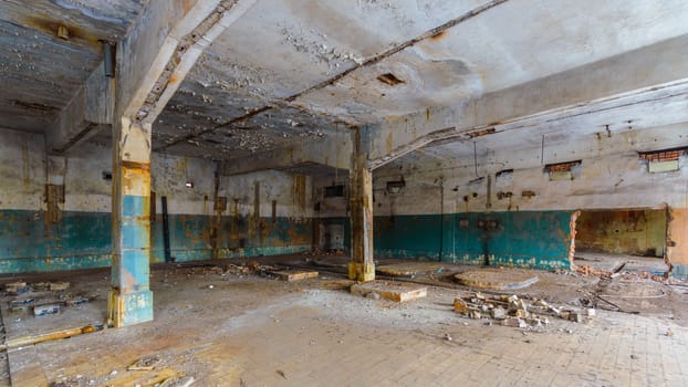 wide angle view of an old wall abandoned factory building