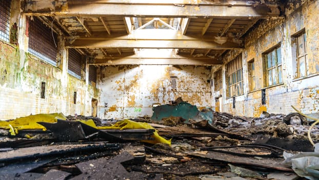 wide angle view of an old wall abandoned factory building