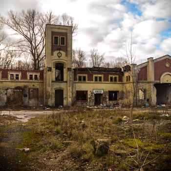 wide angle view of an old wall abandoned factory building