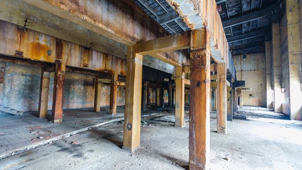 wide angle view of an old wall abandoned factory building