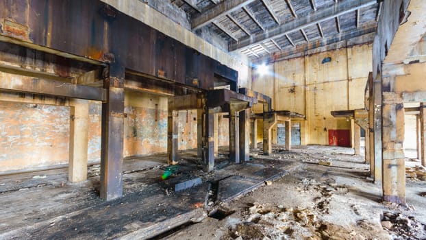 wide angle view of an old wall abandoned factory building