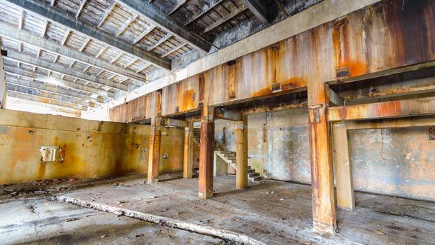 wide angle view of an old wall abandoned factory building