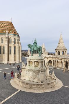 BUDAPEST, HUNGARY - FEBRUARY 02: High angle shot of Fisherman's Bastion, with bronze statue of Saint Stephen, in the Old Town district. February 02, 2016 in Budapest.