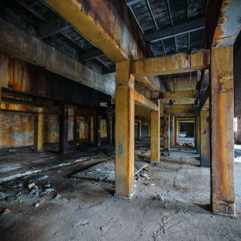 wide angle view of an old wall abandoned factory building
