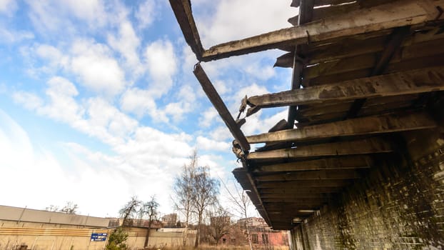 wide angle view of an old wall abandoned factory building