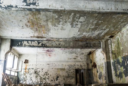 wide angle view of an old wall abandoned factory building