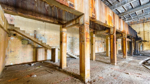 wide angle view of an old wall abandoned factory building