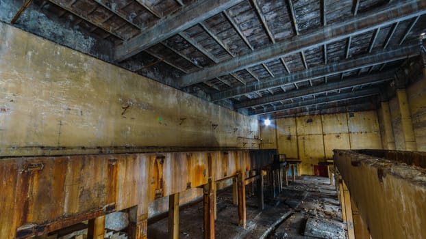 wide angle view of an old wall abandoned factory building