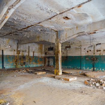 wide angle view of an old wall abandoned factory building