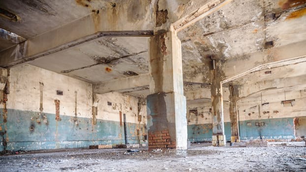 wide angle view of an old wall abandoned factory building