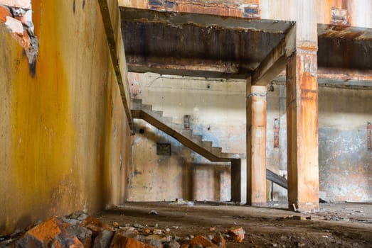 wide angle view of an old wall abandoned factory building