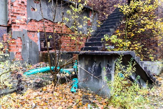 wide angle view of an old wall abandoned factory building