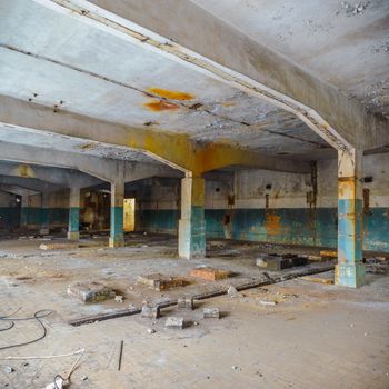 wide angle view of an old wall abandoned factory building