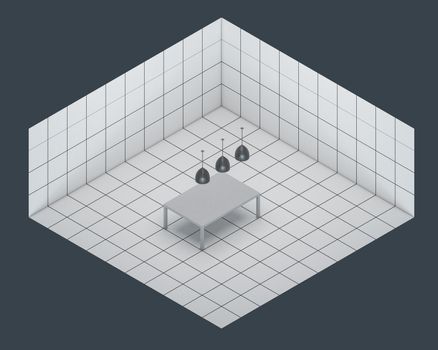 table in empty white room isometric render