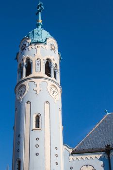 Art noveau style of Blue Church in Bratislava. Matching blue sky.