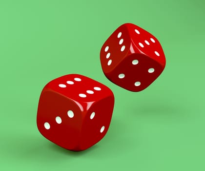 Red rolling dices on green background