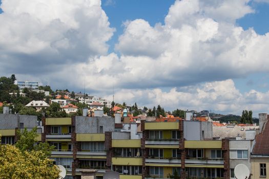 Family houses in the residential part of the Bratislava downtown. Cloudy sky.