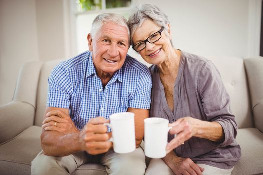 Portrait of senior couple sitting on sofa and having coffee in living room