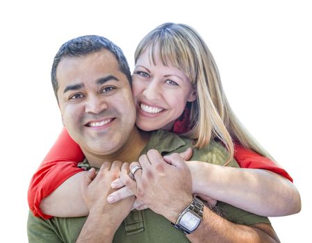 Attractive Mixed Race Couple Hugging Isolated on a White Background.