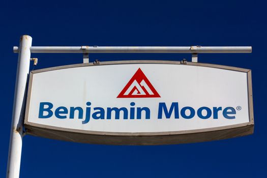 MONROVIA, CA/USA - NOVEMBER 22, 2015: Benjamin Moore paint store logo and sign. Benjamin Moore & Co. is an American company that produces paint.