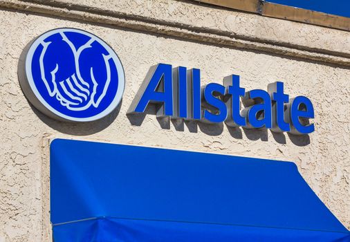 MONROVIA, CA/USA - NOVEMBER 22, 2015: Allstate Insurance exterior and logo. The Allstate Corporation is the second largest personal lines insurer in the United States.