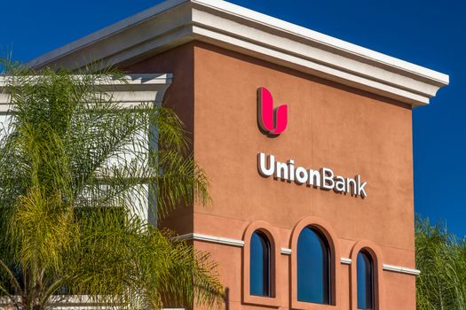 ARCADIA, CA/USA - NOVEMBER 22, 2015: Original UnionBank exterior and logo. UnionBank is abank with branches in California, Washington and Oregon.