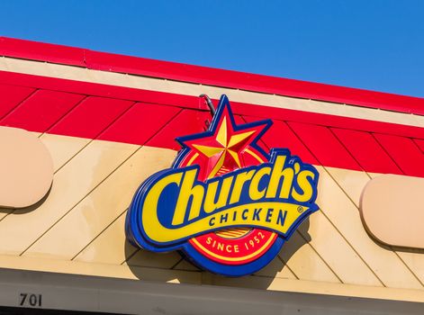 MONROVIA, CA/USA - NOVEMBER 22, 2015: 24 Church's Chicken exterior and logo. 2Church's Chicken is a chain of fast food restaurants specializing in fried chicken.