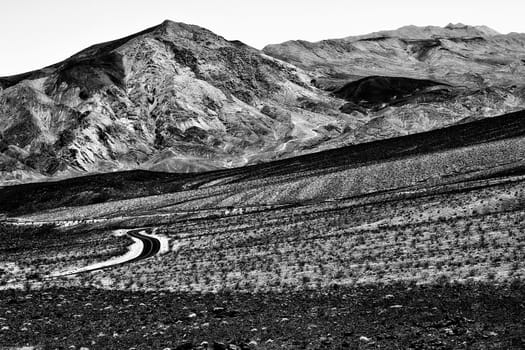 road in the desert at Death Valley national park, USA in black and white