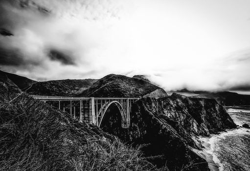 Bixby bridge, Big Sur, California, USA in winter in black and white