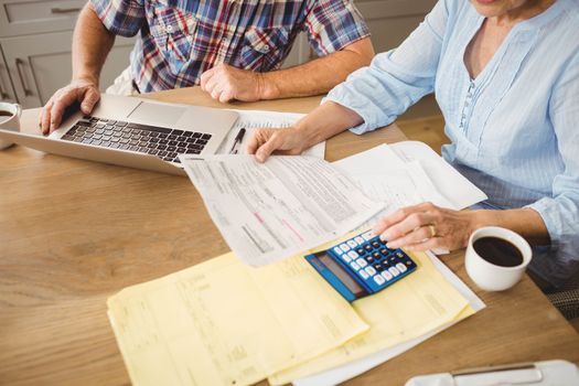 Senior couple checking their bills at home