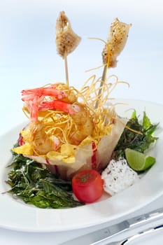 close up view of nice fresh meal on white table cloth