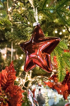 Detail of a christmas tree decorated with a red star.