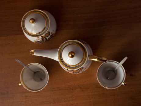 coffee set, view from above, on wooden table