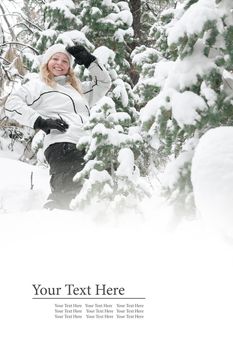 Portrait of young beautiful woman on winter outdoor background. Banner, lots of space.