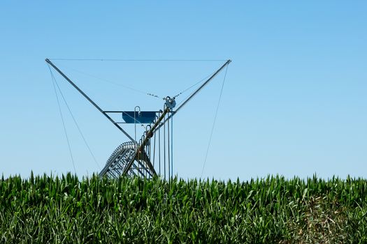 A Lateral Move Irrigation System, sometimes called a Linear Move, Wheelmove or Side Roll System, irrigating crops in Australia. These systems are often 500 meters to 1000 meters long.