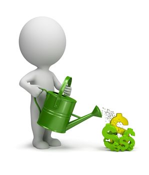 3d small person watering the dollar. 3d image. White background.