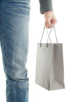 Shopping man, gift bag, isolated on white