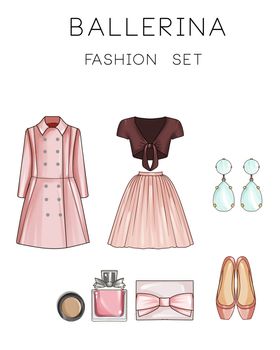 Fashion set of woman's clothes and accessories - Coat, Ballerina skirt, top, make up, flat shoes, diamond earrings