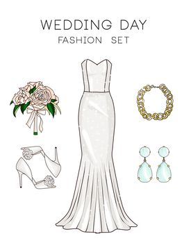 Fashion set of woman's clothes and accessories - wedding dress, flowers, shoes, diamond earrings
