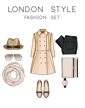 Fashion set of woman's clothes and accessories - Panama hat, loafers, jeans, moleskine, sunglasses, watch, trench coat