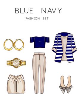 Fashion set of woman's clothes and accessories - Blue navy Outfit with jewelery