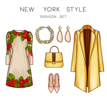 Fashion set of woman's clothes and accessories - Printed short dress, jewels, shoes, purse, , coat,