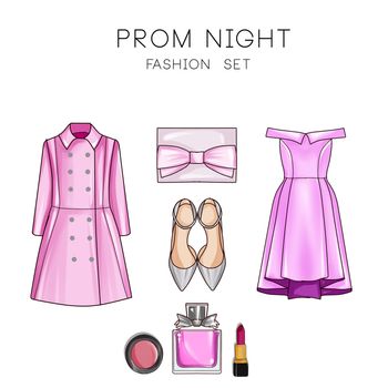 Fashion set of woman's clothes, accessories, and shoes
