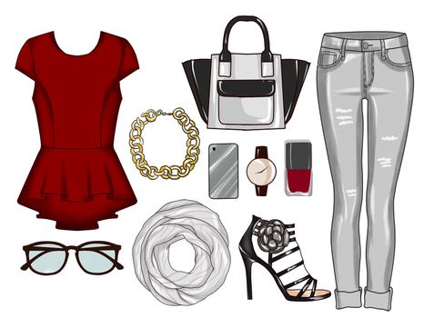 Fashion set of woman's clothes, accessories, and shoes - Grey denim jeans, top, sandals, scarf, make up, jewelry - Clip Art set