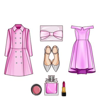 Fashion set of woman's clothes, accessories, and shoes