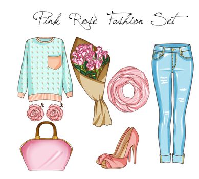 Fashion set of woman's clothes, accessories, and shoes . Casual outfits in blue denim and pink color